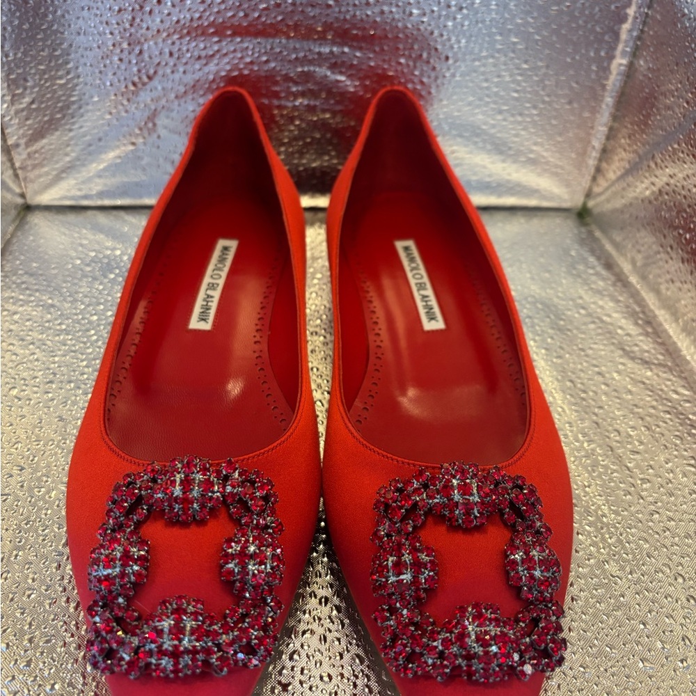 Manolo Blahnik Scarlet Flats with Crystal Buckle